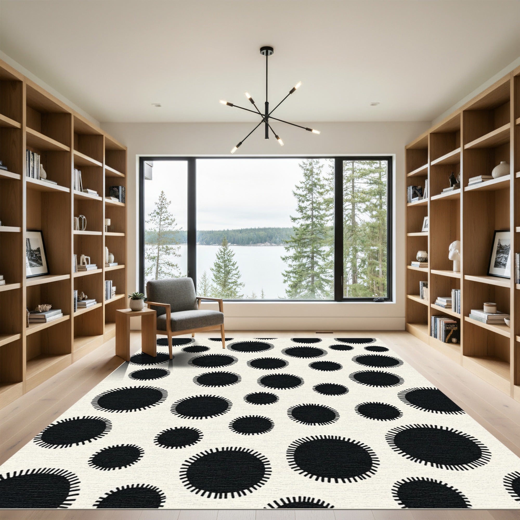 Monochrome Sunburst Dot Cluster Rug