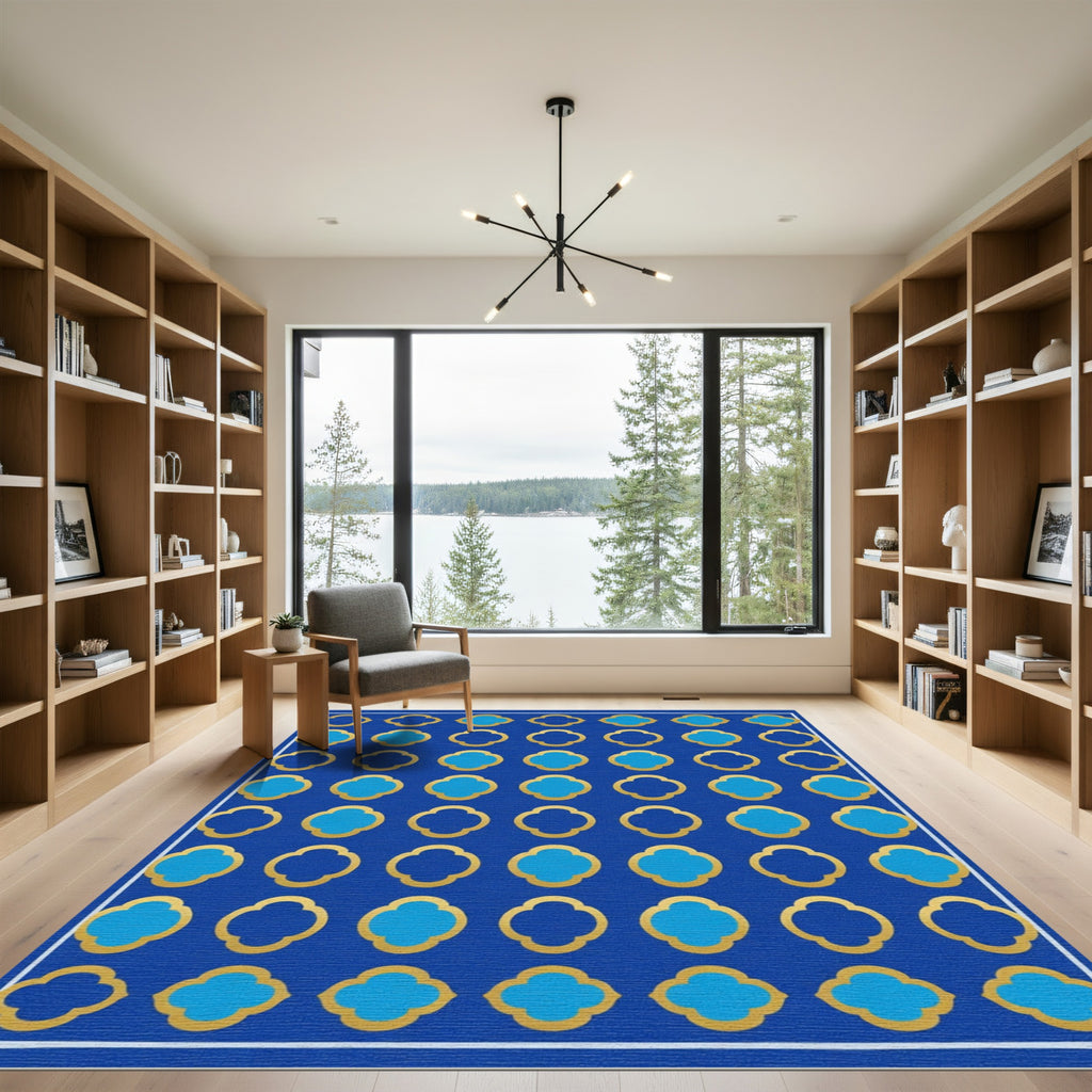 Royal Blue Quatrefoil Gold Geometric Rug