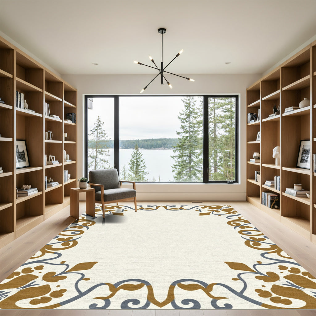 Ornate Mustard Blue Scroll Border Rug