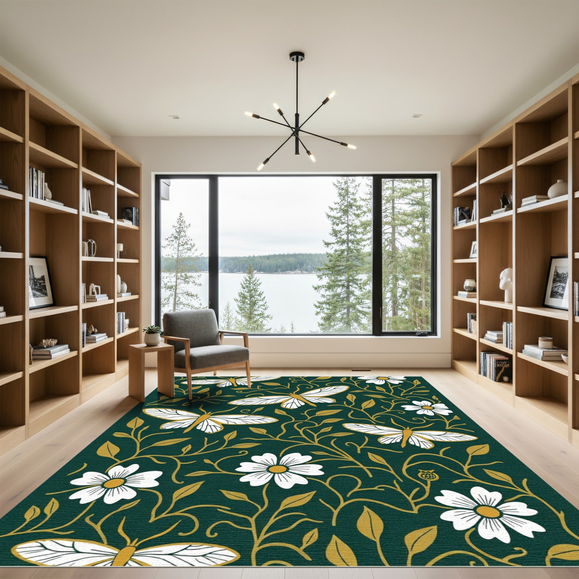 Emerald Gold Moth Floral Garden Rug