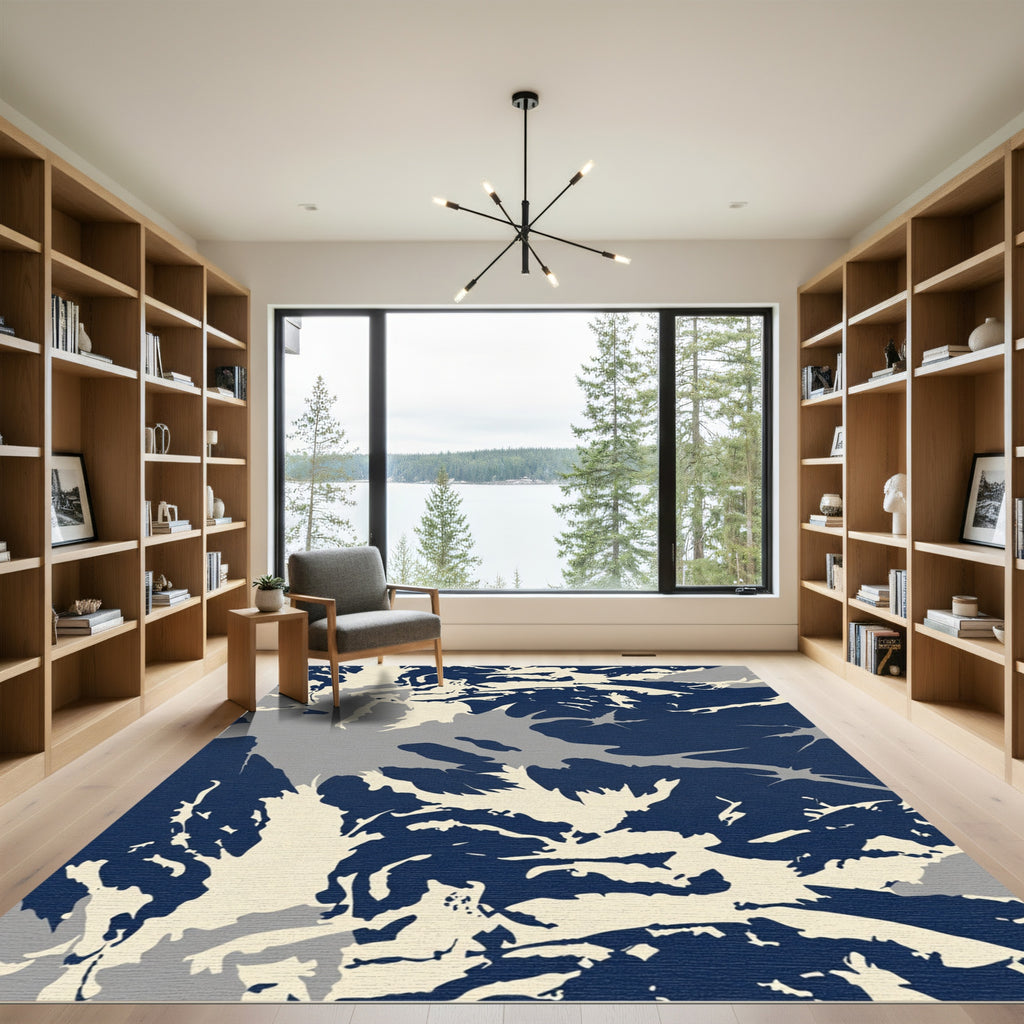 Deep Navy Cream Abstract Spatter Rug