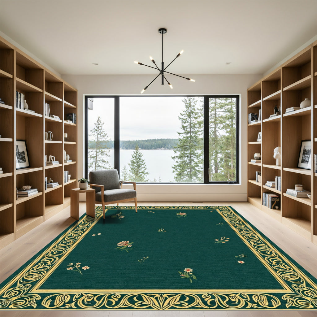 Emerald Green Floral Vine Border Rug