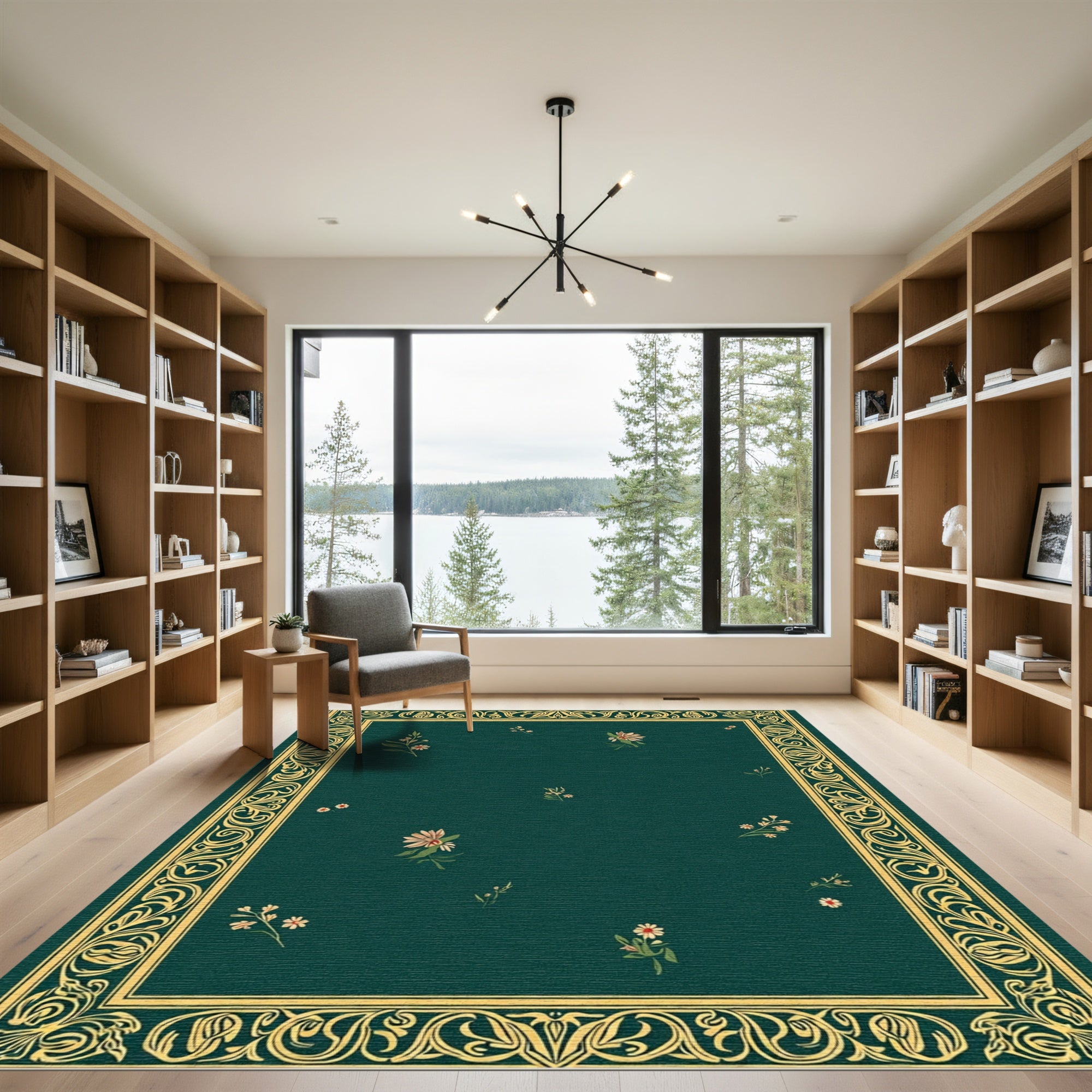 Emerald Green Floral Vine Border Rug