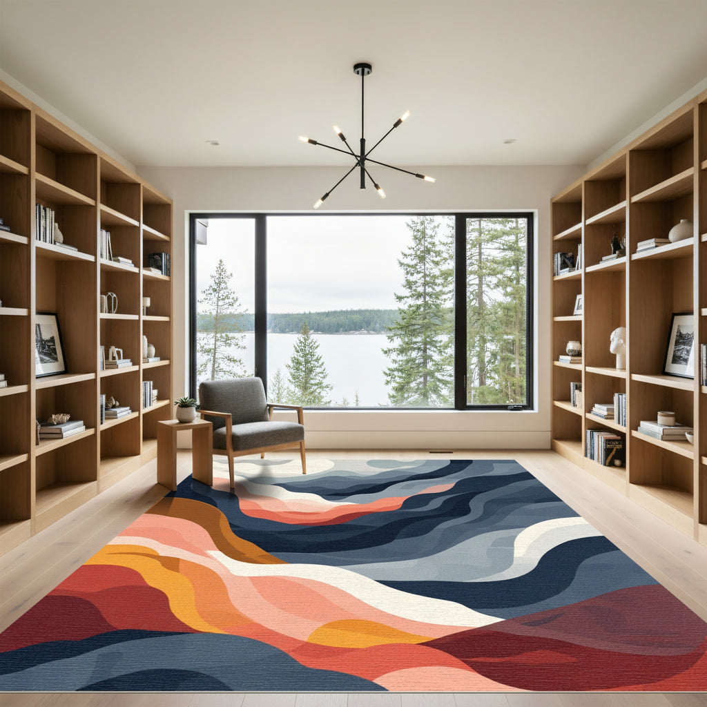 Crimson Coral Abstract Flowing Waves Rug