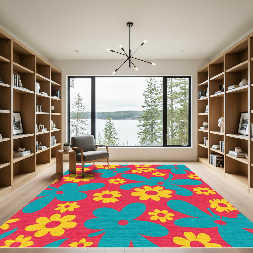 Retro Teal Golden Floral Pop Art Rug