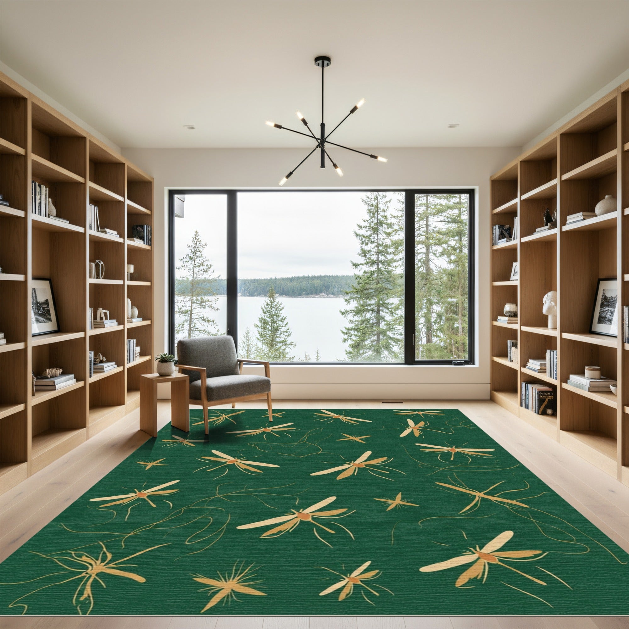 Golden Dragonflies Emerald Green Whimsy Rug