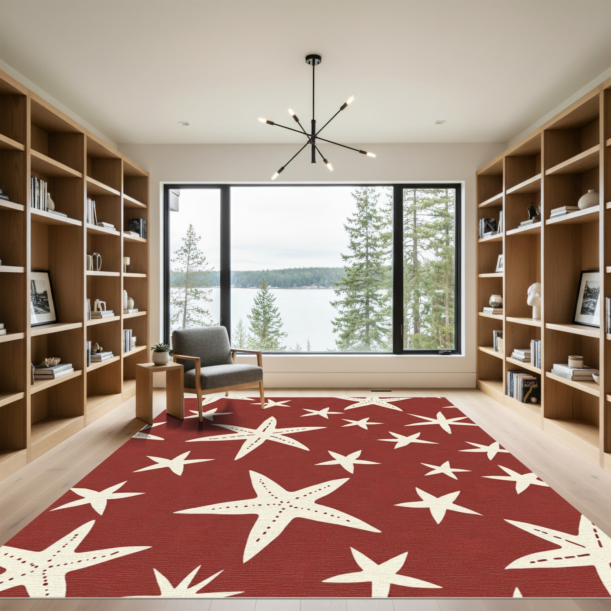 Cream Starfish Nautical Red Marine Rug