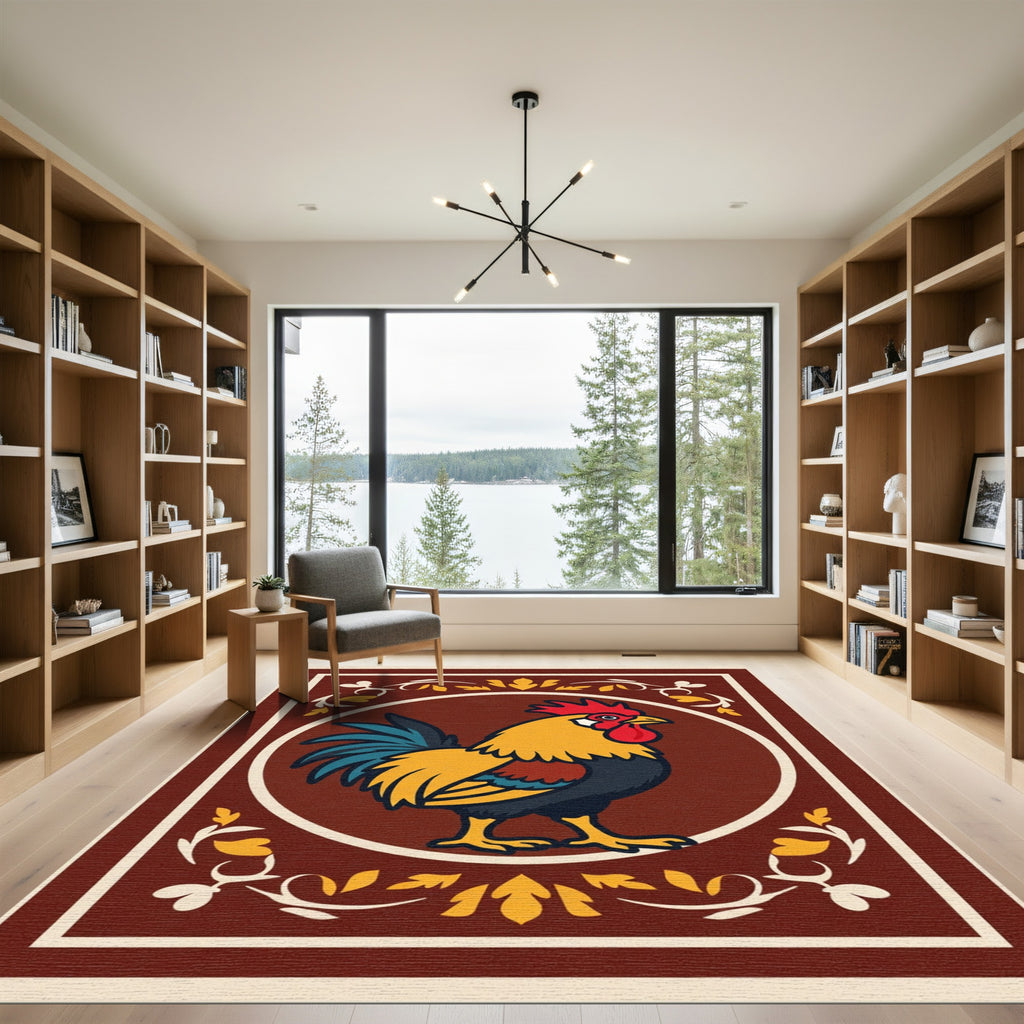 Bright Rooster Red Yellow Teal Border Rug