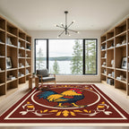 Bright Rooster Red Yellow Teal Border Rug