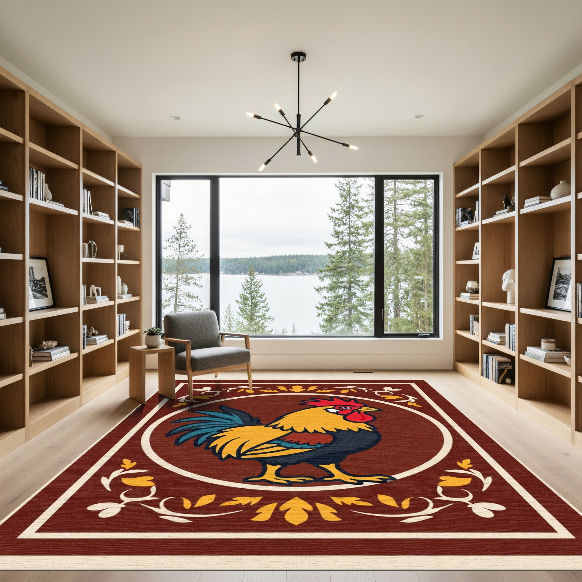 Bright Rooster Red Yellow Teal Border Rug