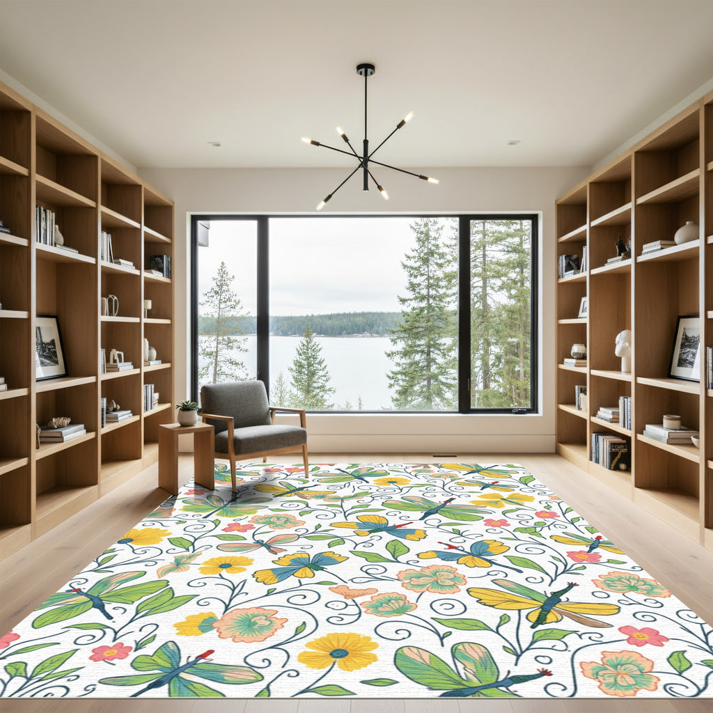 Whimsical Dragonfly Garden Floral Pattern Rug
