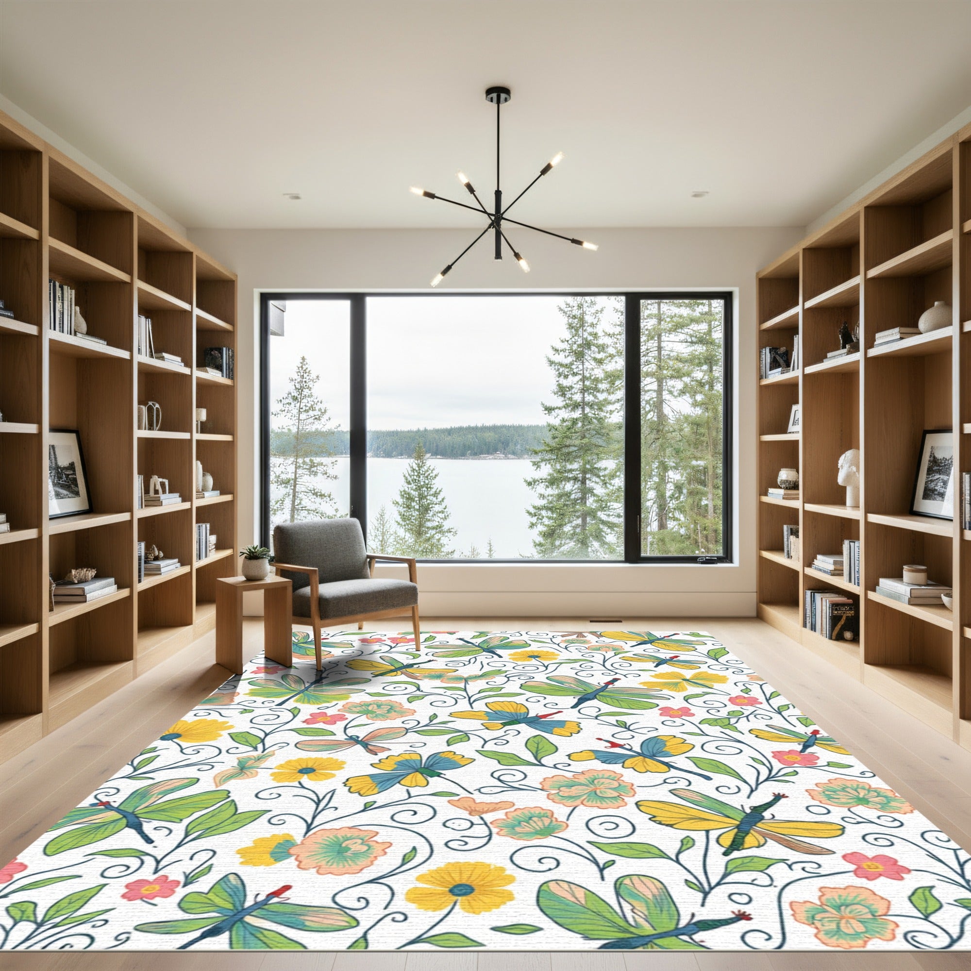 Whimsical Dragonfly Garden Floral Pattern Rug