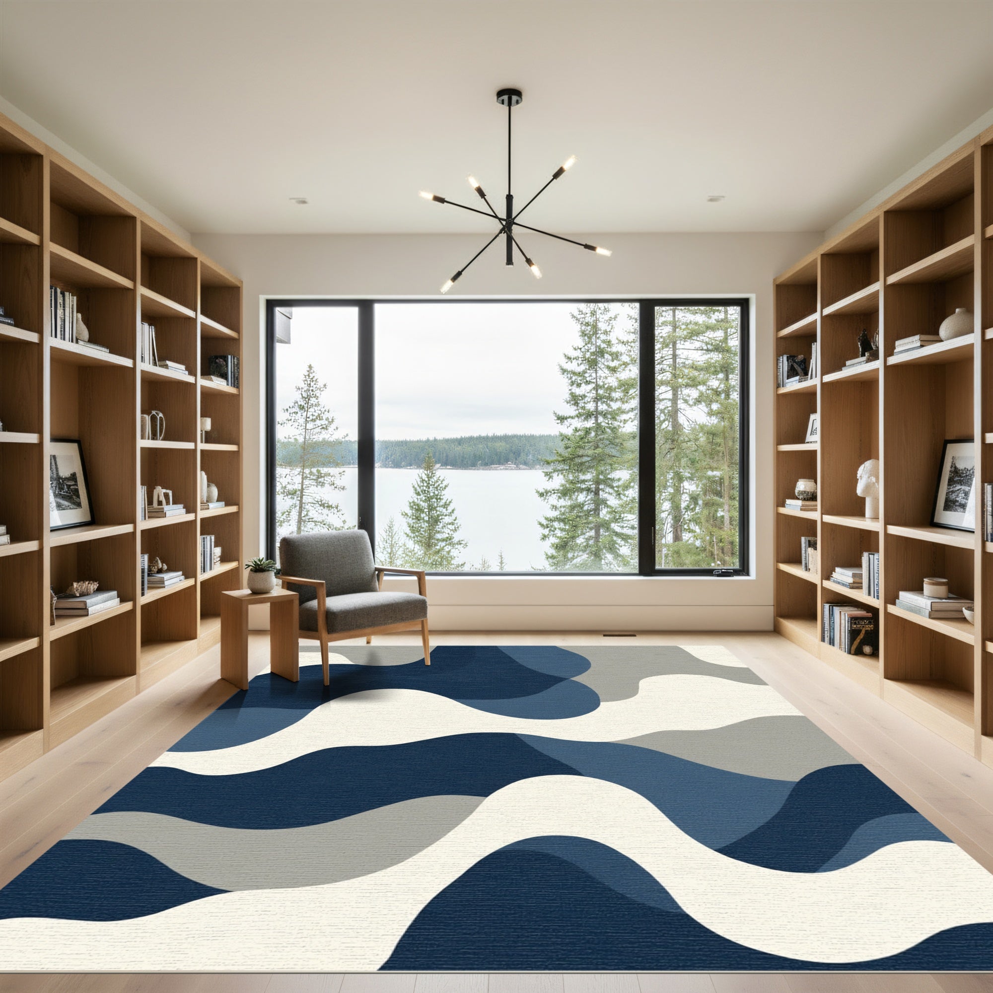 Abstract Navy Blue Flowing Waves Rug