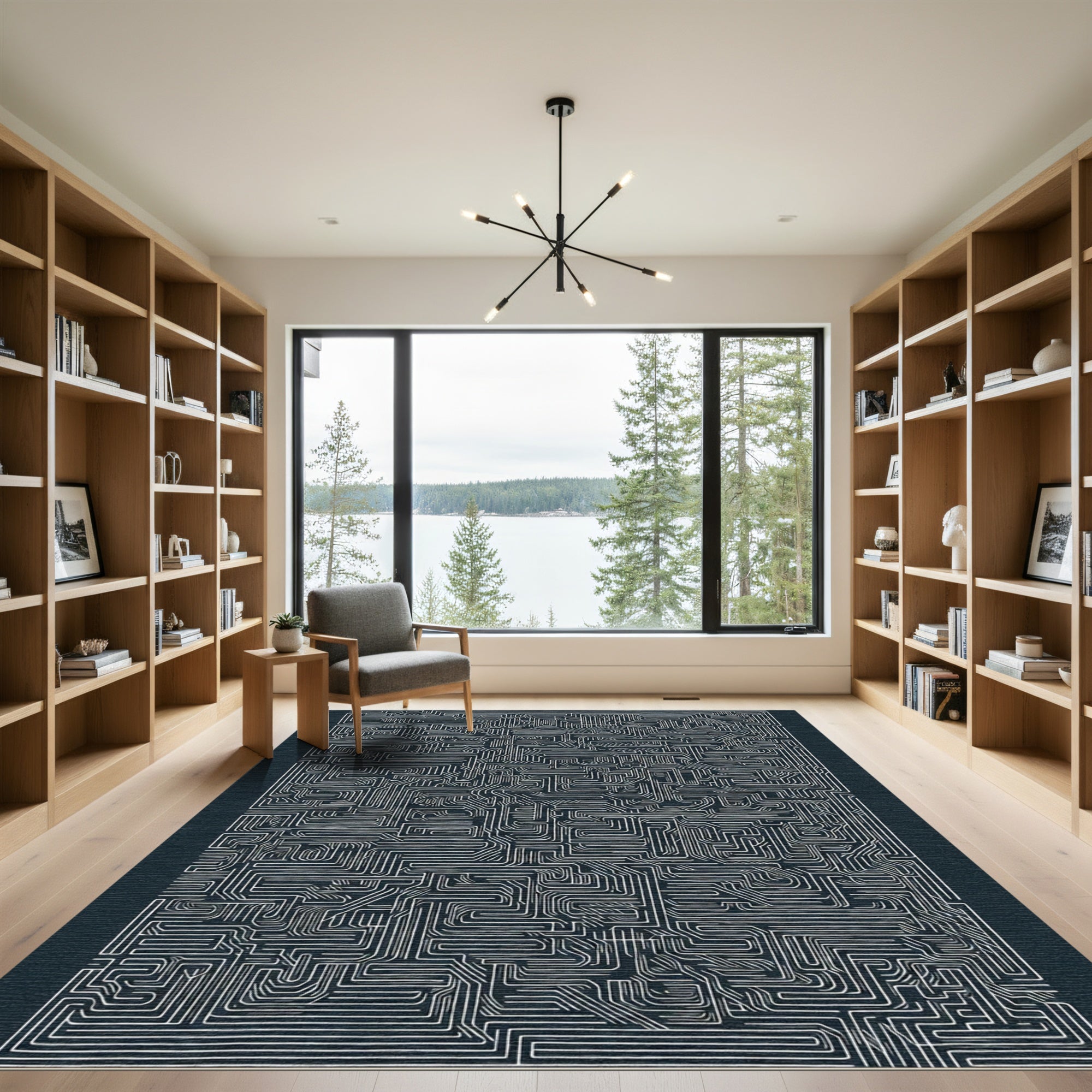 Dark Navy White Maze Lines Rug