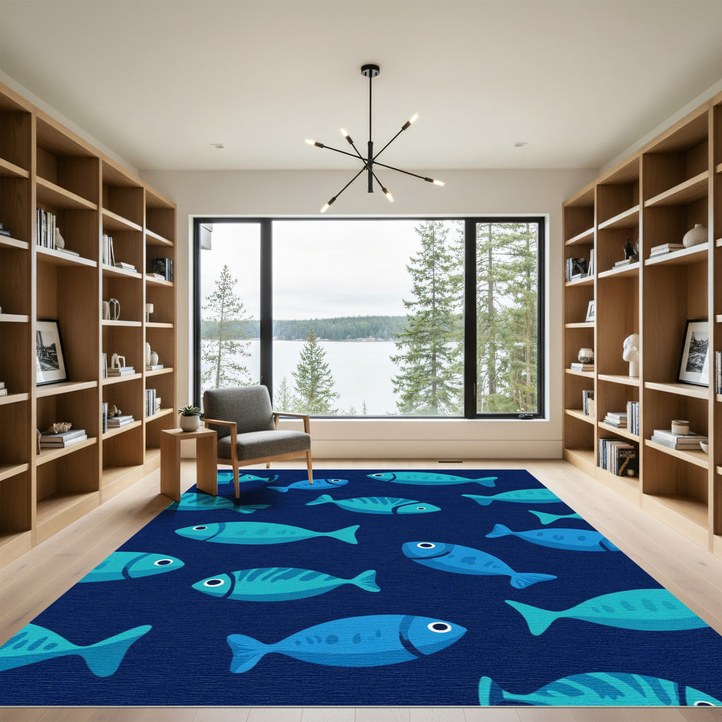 Teal Blue Schooling Fish Arrangement Rug