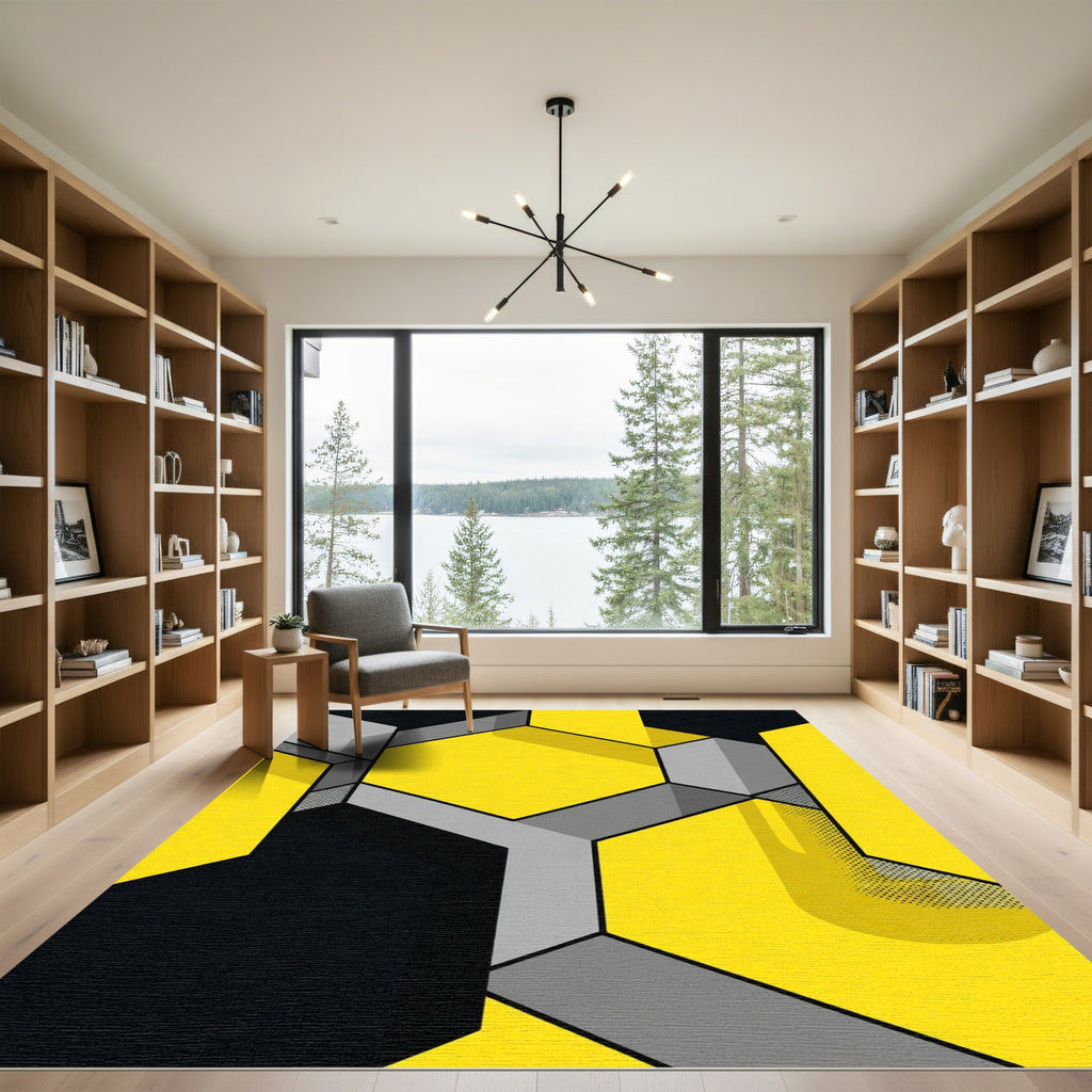 Luminous Yellow Gray Hexagonal Structure Rug