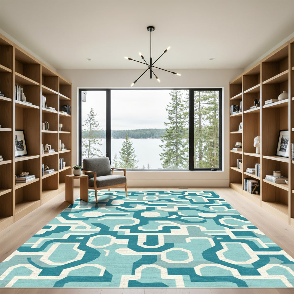 Teal White Abstract Geometric Link Rug