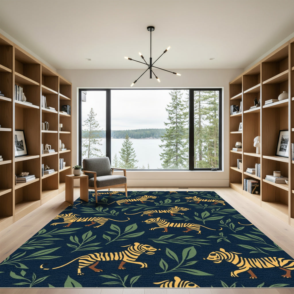 Golden Tigers Green Foliage Navy Rug