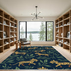 Golden Tigers Green Foliage Navy Rug