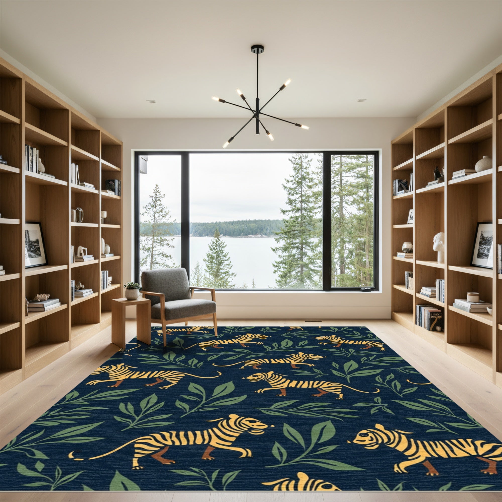 Golden Tigers Green Foliage Navy Rug