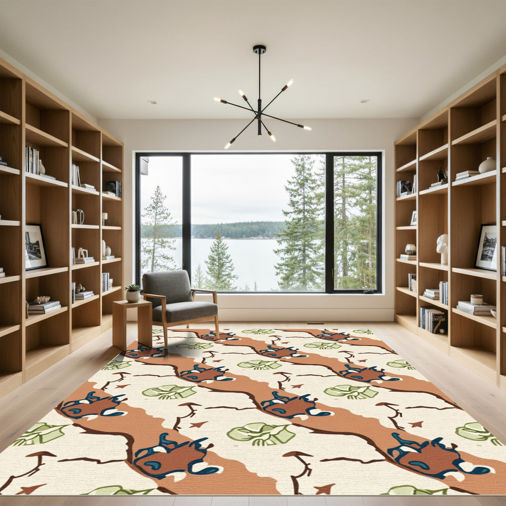 Terracotta Green Leaf Abstract Swirl Rug