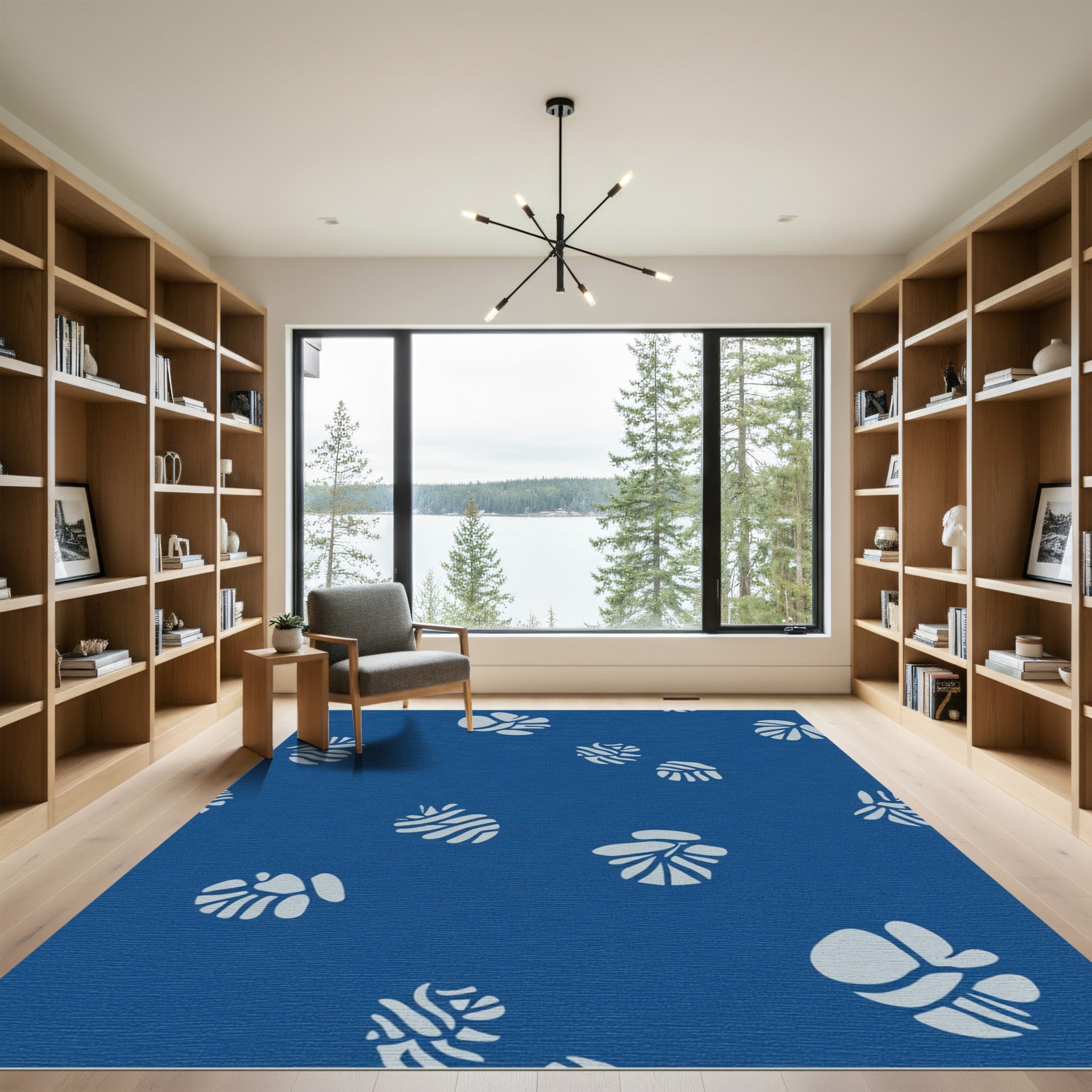 Deep Blue Abstract Tropical Leaves Rug