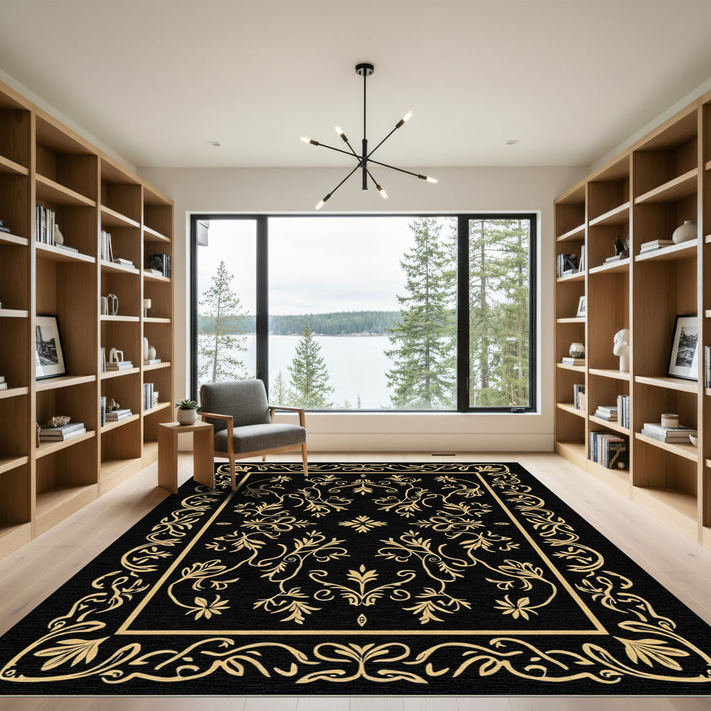 Black Gold Scroll Vine Medallion Rug