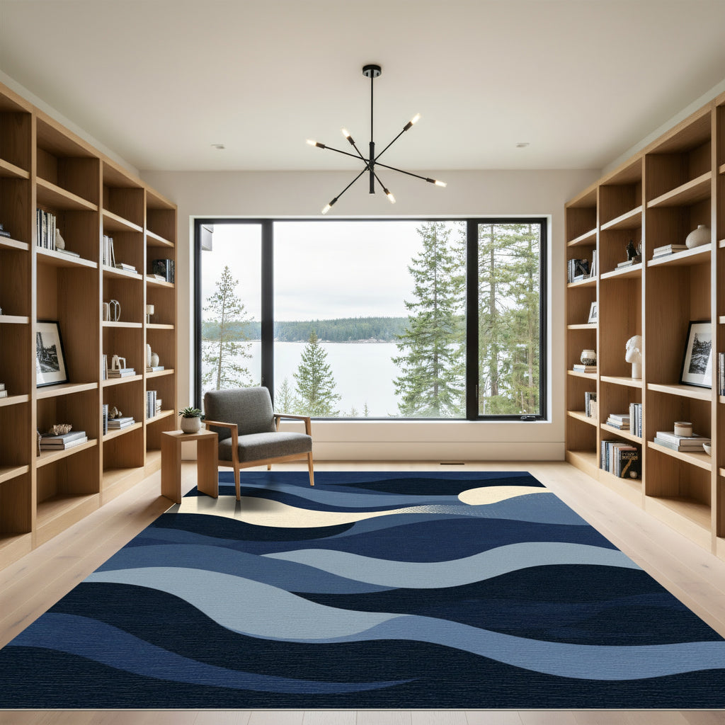 Deep Blue Abstract Wave Landscape Rug