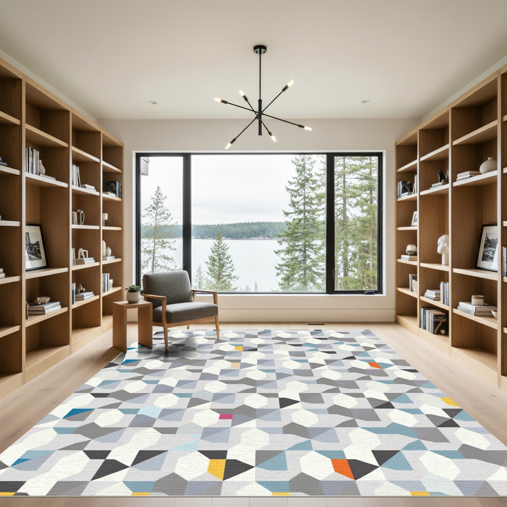 Geometric Abstract Blue Grey Accents Rug