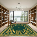 Ornate Gold Dark Green Scrollwork Rug