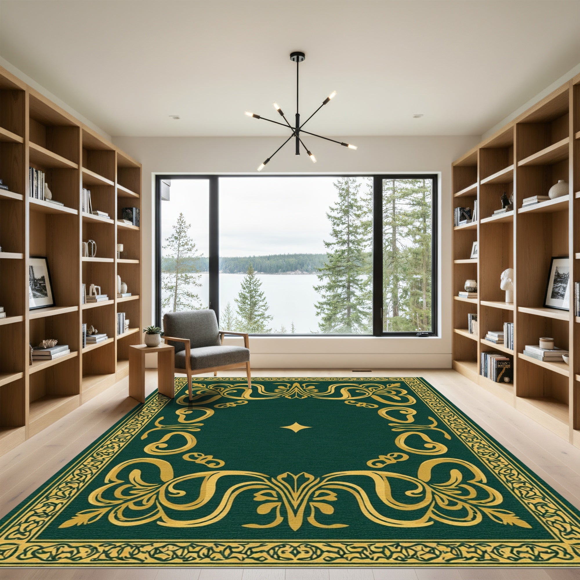 Ornate Gold Dark Green Scrollwork Rug