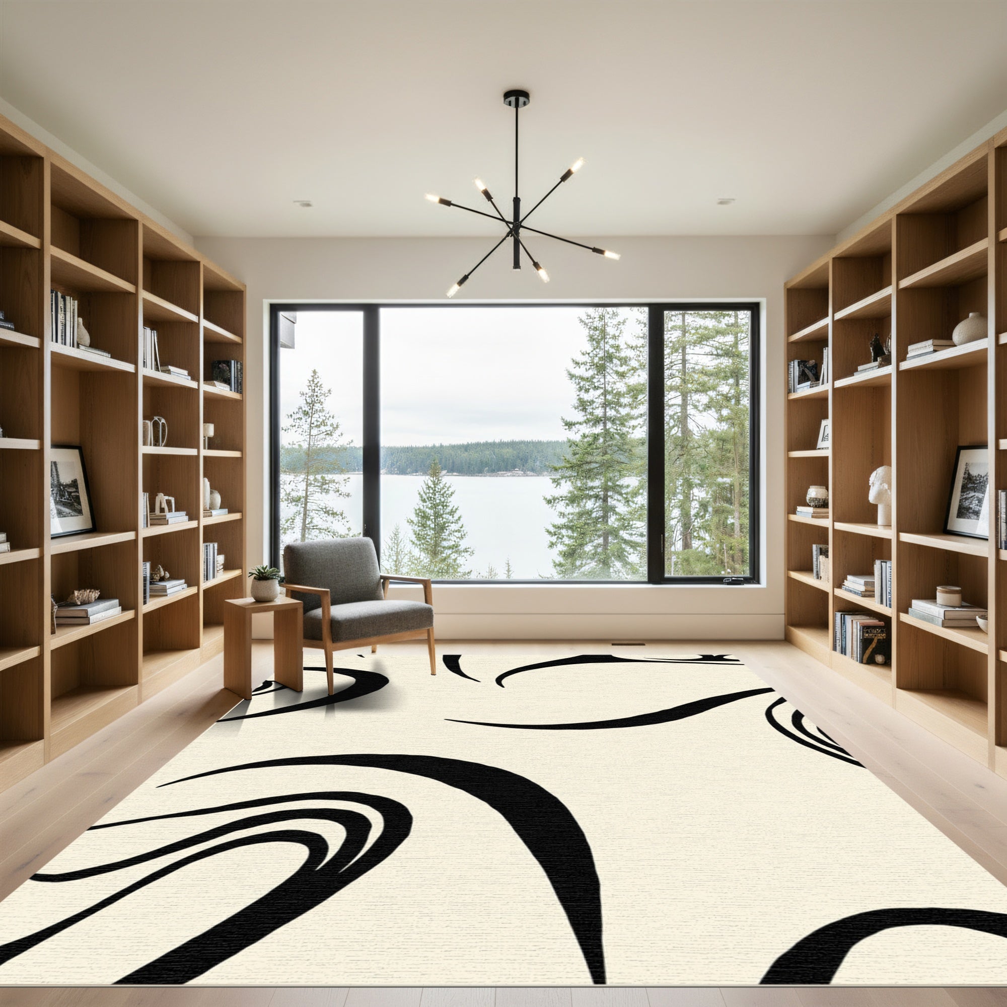 Cream and Black Swirl Abstract Rug