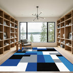 Modern Blue Grey Black Geometric Blocks Rug