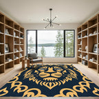 Golden Lion Face Navy Background Rug