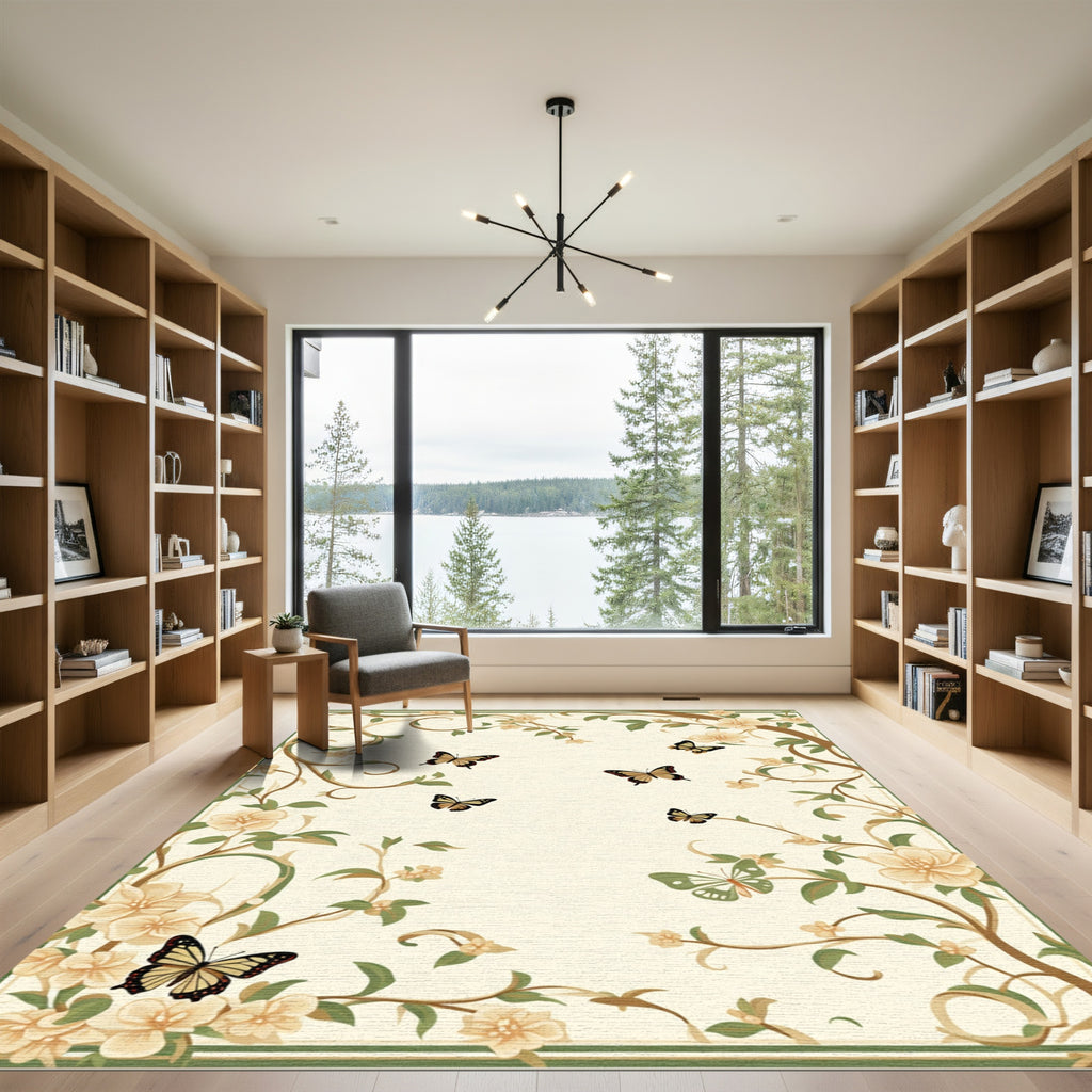 Cream Butterfly Blossom Vine Border Rug