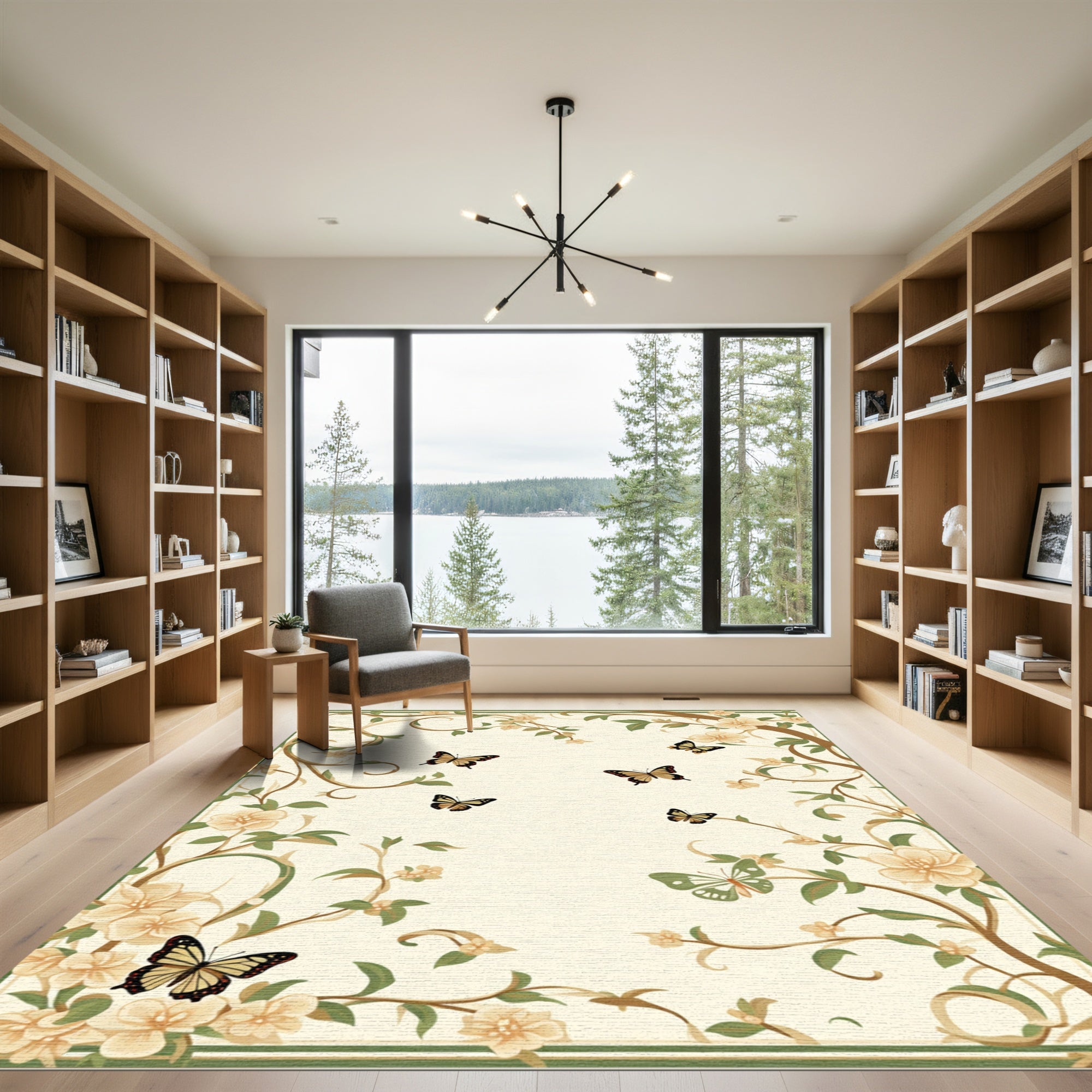 Cream Butterfly Blossom Vine Border Rug