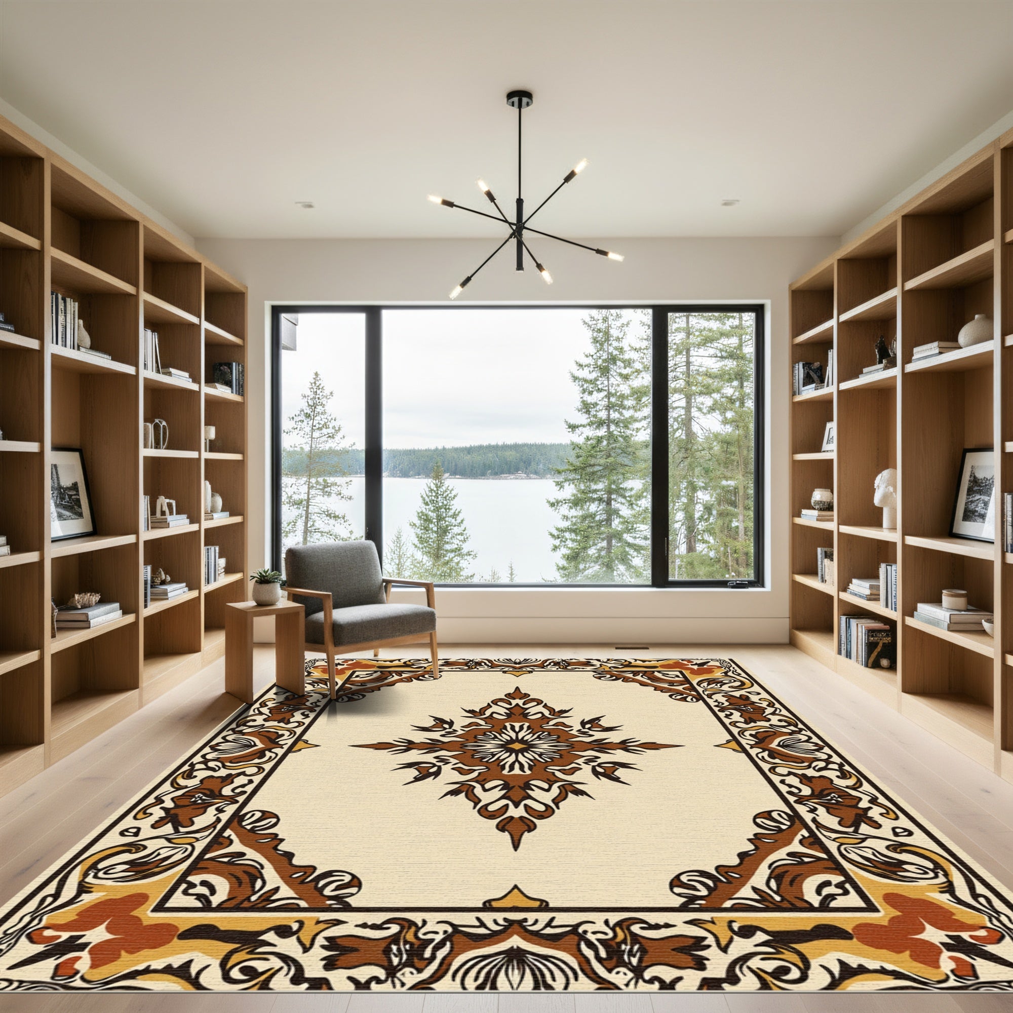 Earthy Brown Floral Square Medallion Rug