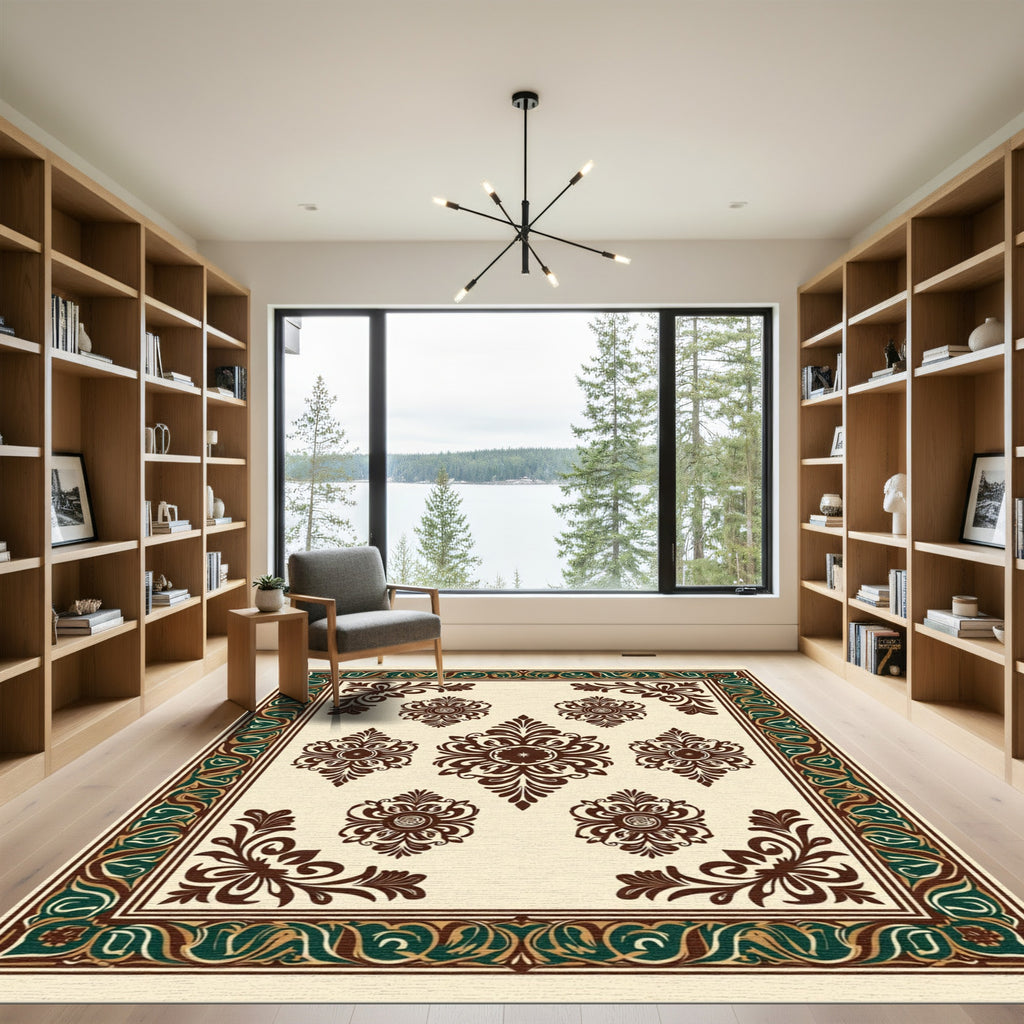 Rich Brown Cream Floral Damask Accents Rug