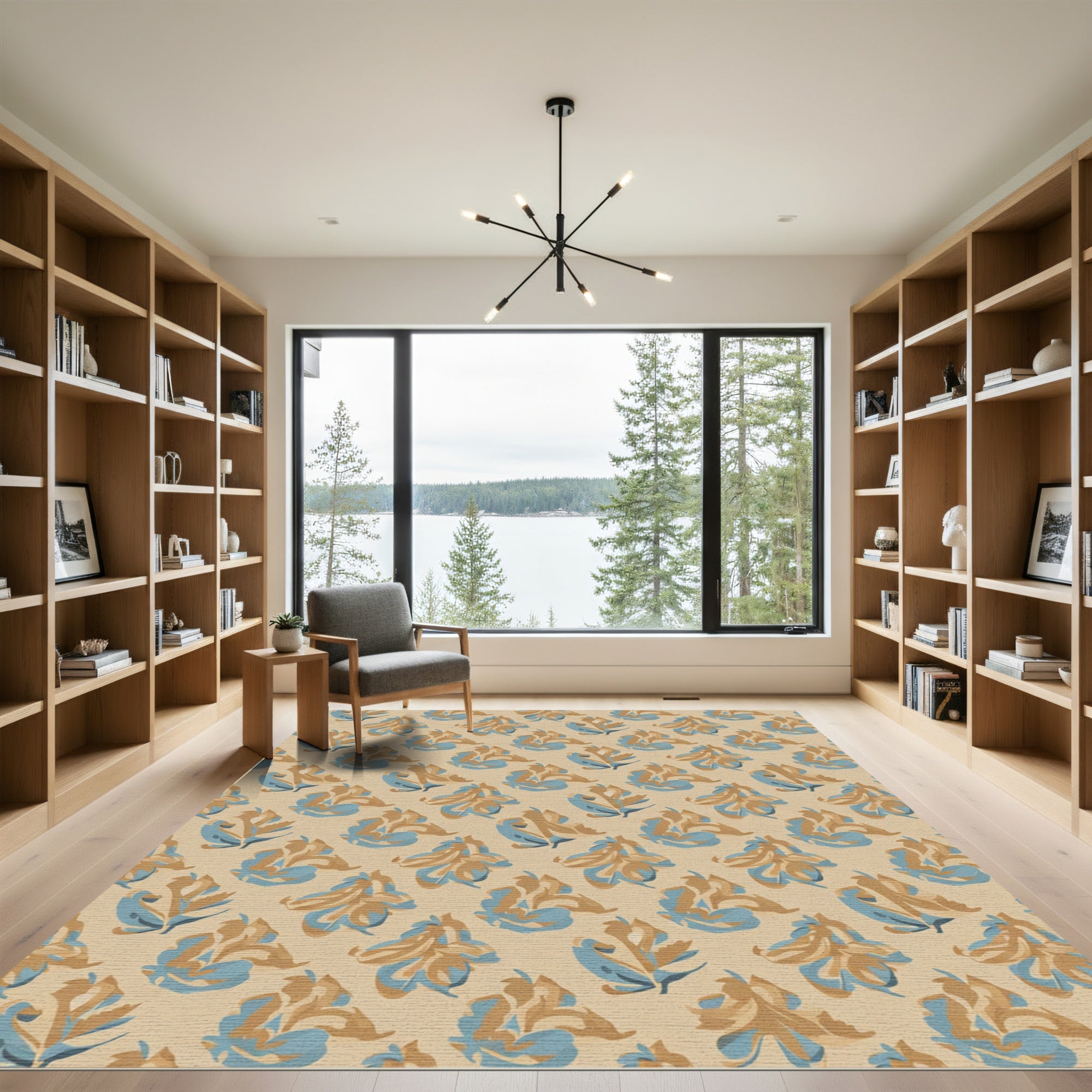 Earthy Blue Abstract Floral Arrangement Rug