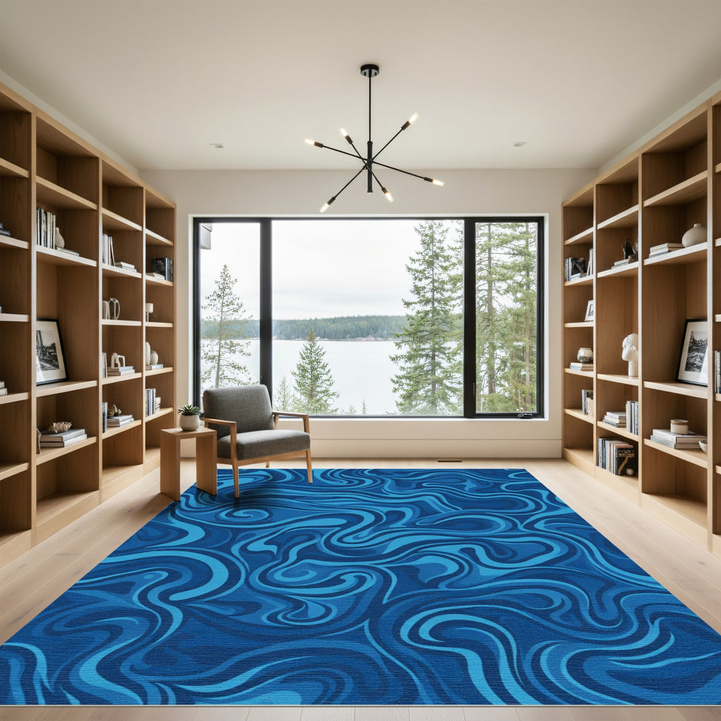 Deep Blue Swirling Fluid Abstract Rug