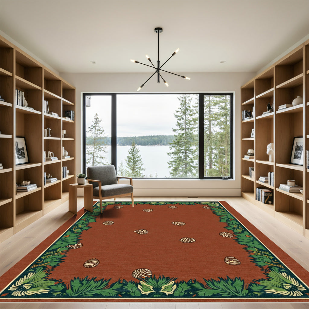 Rustic Terracotta Green Leafy Border Rug