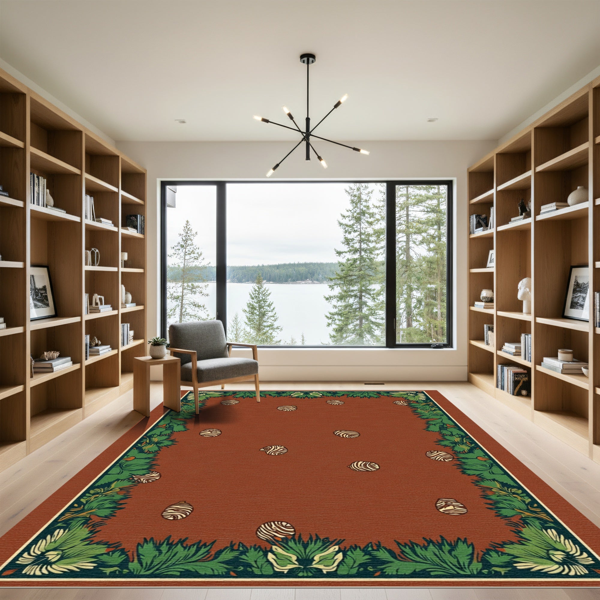 Rustic Terracotta Green Leafy Border Rug