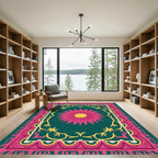 Vibrant Pink Daisy Teal Frame Rug