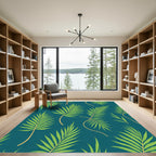 Green Palm Fronds Teal Background Rug