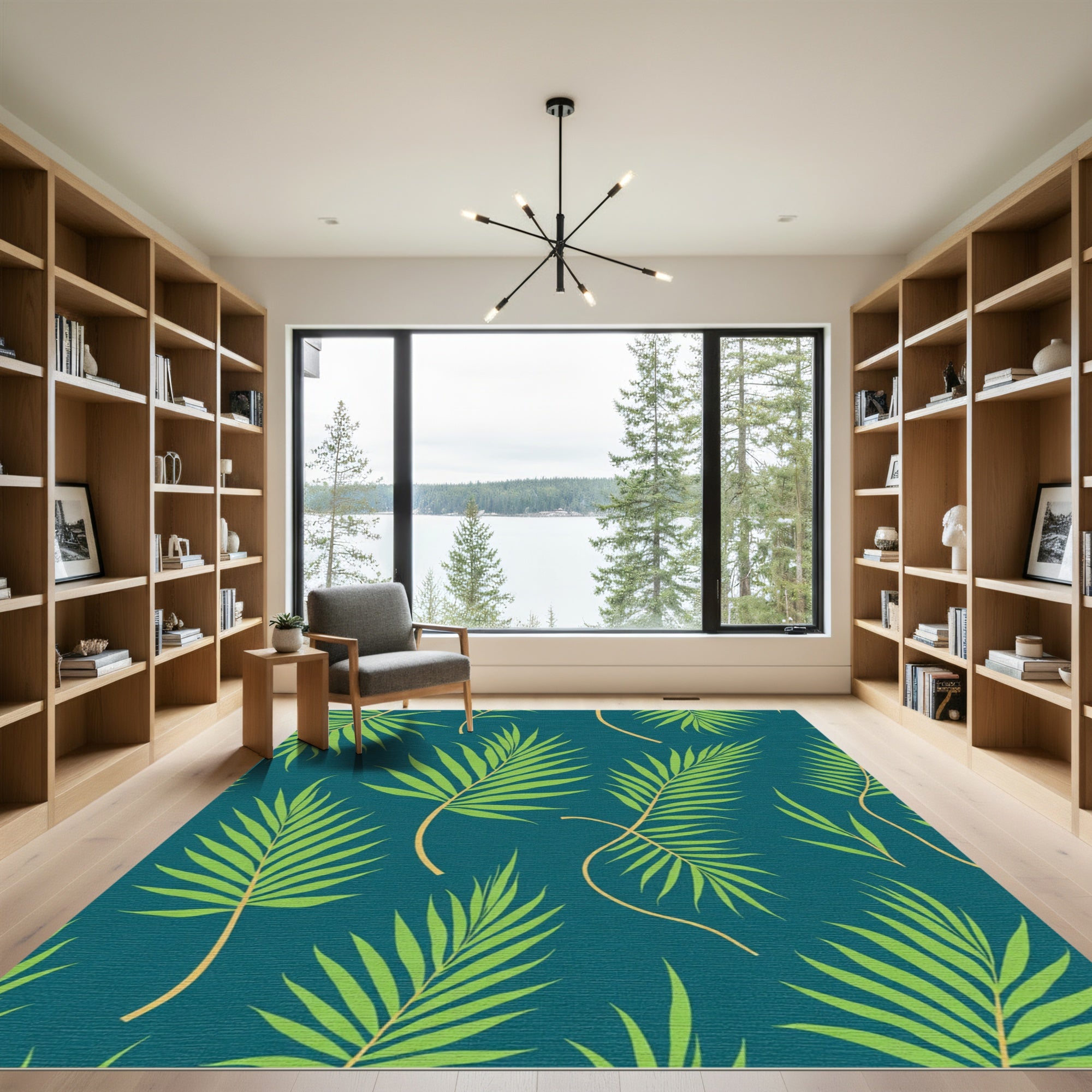 Green Palm Fronds Teal Background Rug
