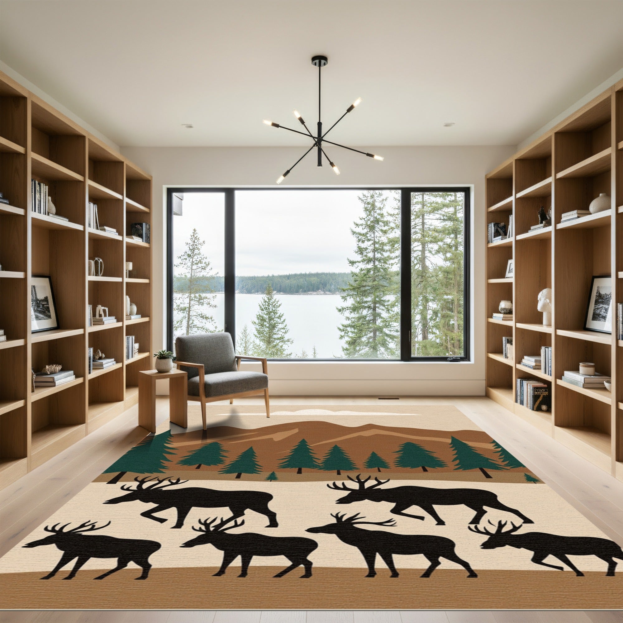 Woodland Elk Herd Mountain Landscape Rug