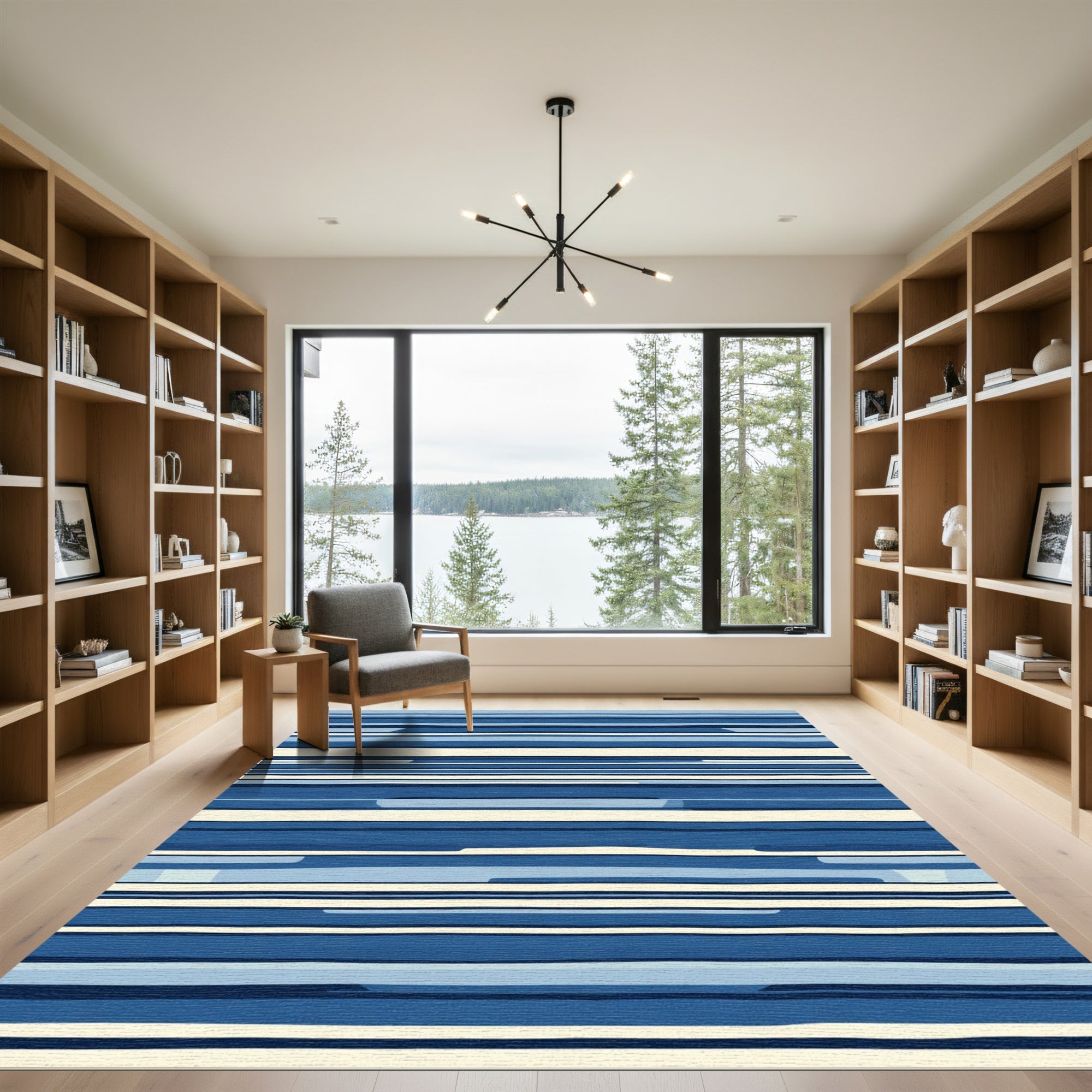 Coastal Blue Striped Horizon Abstract Rug