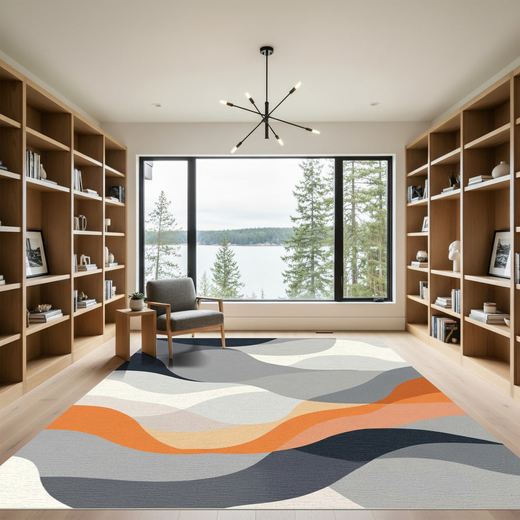 Abstract Orange Gray Wave Flow Rug