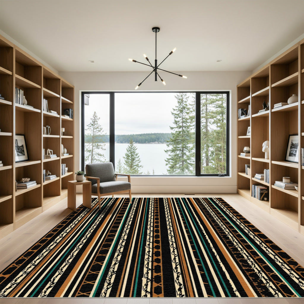 Earthy Black Geometric Tribal Stripe Rug