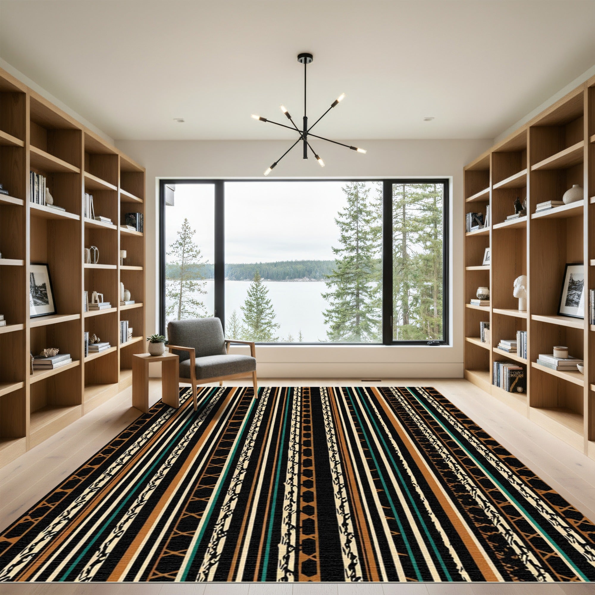Earthy Black Geometric Tribal Stripe Rug
